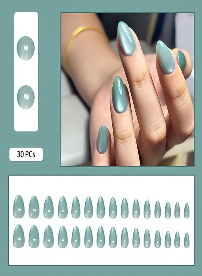 RikView Short Press on Nails Almond Fake Nails Cyan Nails with Cat Eye Finish Glossy Full Cover Nails for Women 30 PCs/Set - Image 4